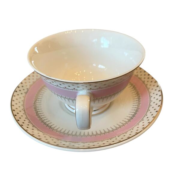 NEW Grace Teaware Porcelain Pink Stripe Gold Dots Teacup & Saucer Set of 2 - Picture 5 of 15